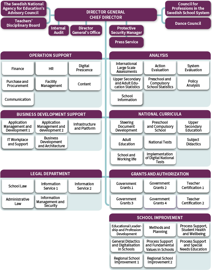 Map showing the organisational structure of the swedish national agency for education, containing Director General, director generals office, internal audit, the dance council, the agency for education´s advice council, and eight departments, and the 