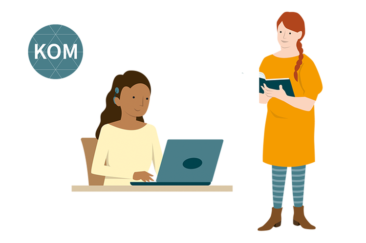 Bild på en elev med en laptop framför sig samt en lärare med en bok i händerna. Högst upp i mitten av bilden syns ämnessymbolen för kommunikations-ämnet, en knapp med versalerna "KOM" inuti.